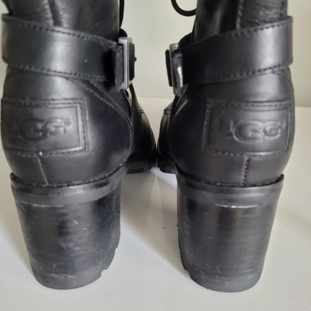 UGG "Ingrid" Black Leather Shearling Lug Soled Lace-Up Moto Combat Biker Boots-7 - Picture 5 of 14